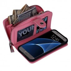 Samsung Galaxy S7 Edge - 2 in 1 PU Leather Flip Zipper Wallet Protective Cover Case with Wrist Strap - Pink